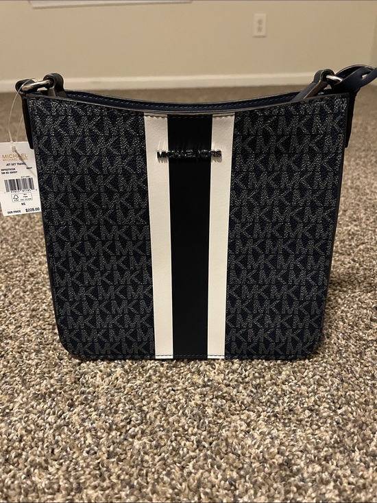 Michael Kors Handbags - Michael Kors Navy and White Stripe Logo Crossbody